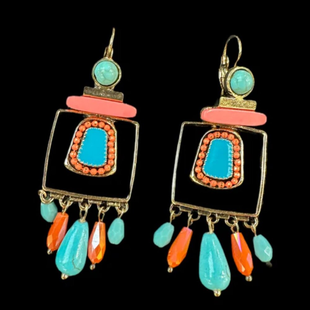 NEW Etruscan Revival Pink and Blue Beaded Gold Statement Earrings - Picture 2 of 2